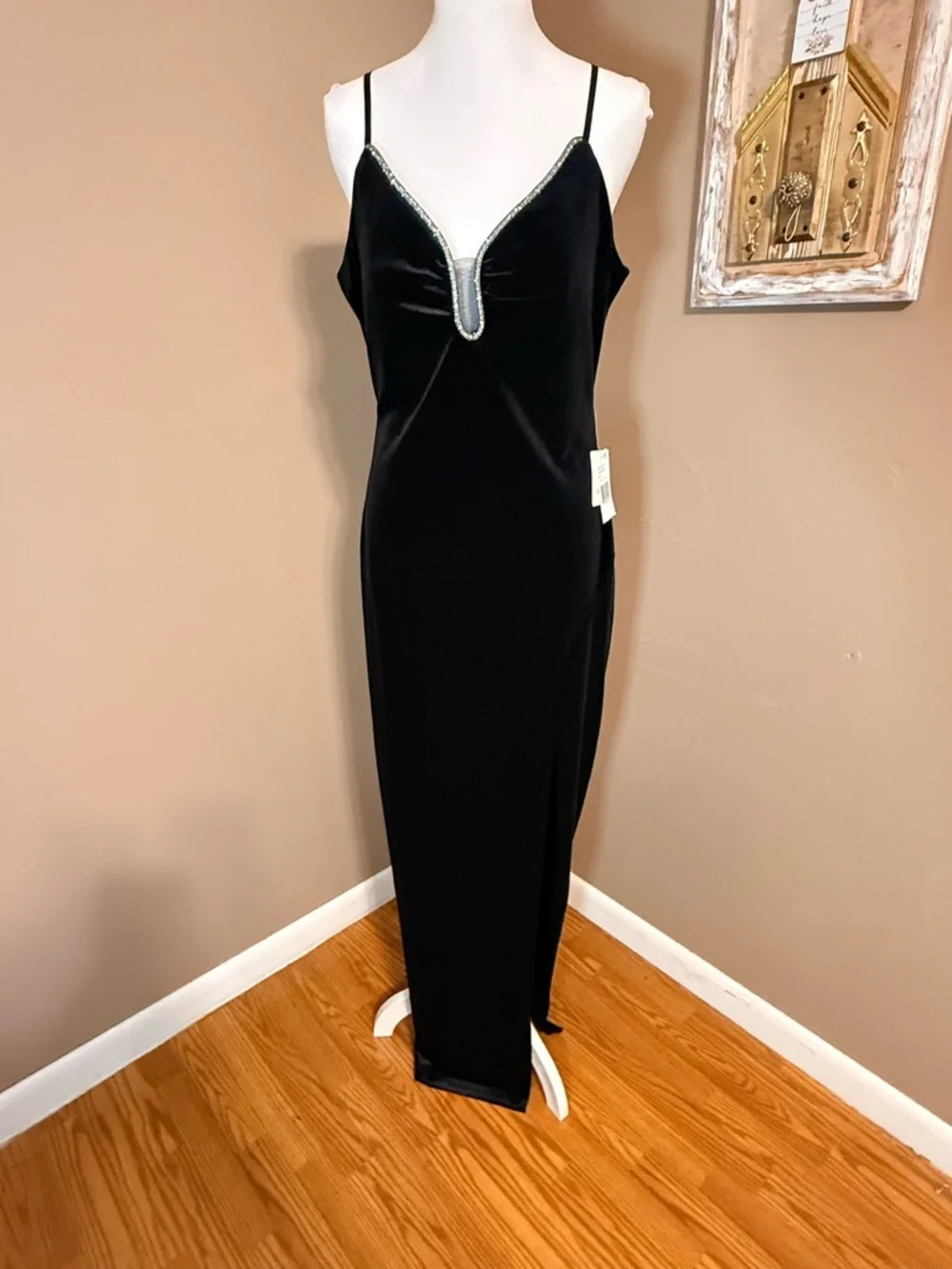Pear Culture Black Velvet Evening Gown with Silver Beaded Trim